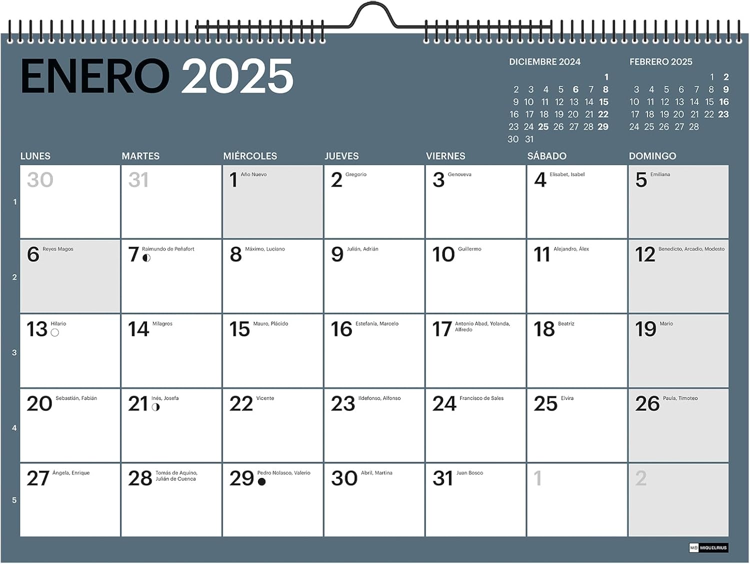 CALENDARIO DE PARED MIQUELRIUS A3 CON ESPACIO PARA ANOTAR CASTELLANO 18 MESES 2025